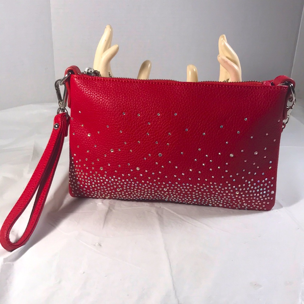 Charming Charlie Women’s Red Vegan Leather Rhinestone Clutch Crossbody Sling Bag